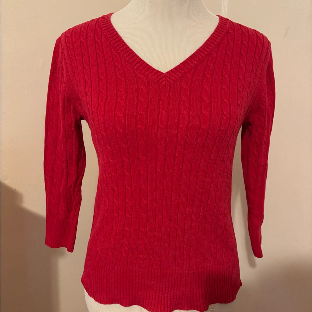Red V-Neck Cable Knit Sweater